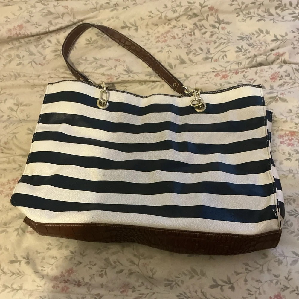 Nautical Stripe Tote Bag | Brown Faux Croc Trim | Spacious Everyday Carryall